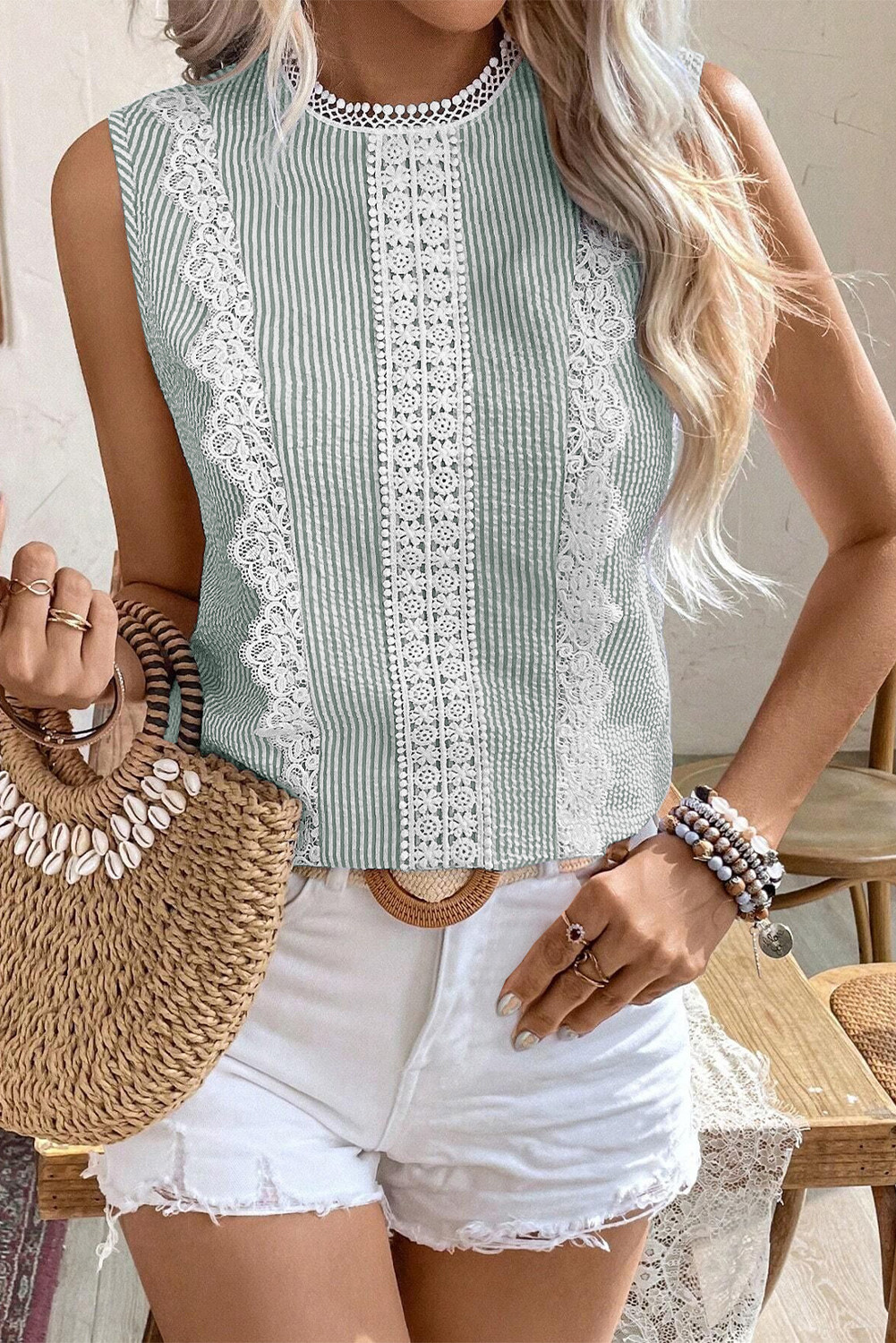 Green Stripe Lace Detail Crinkle Sleeveless Blouse