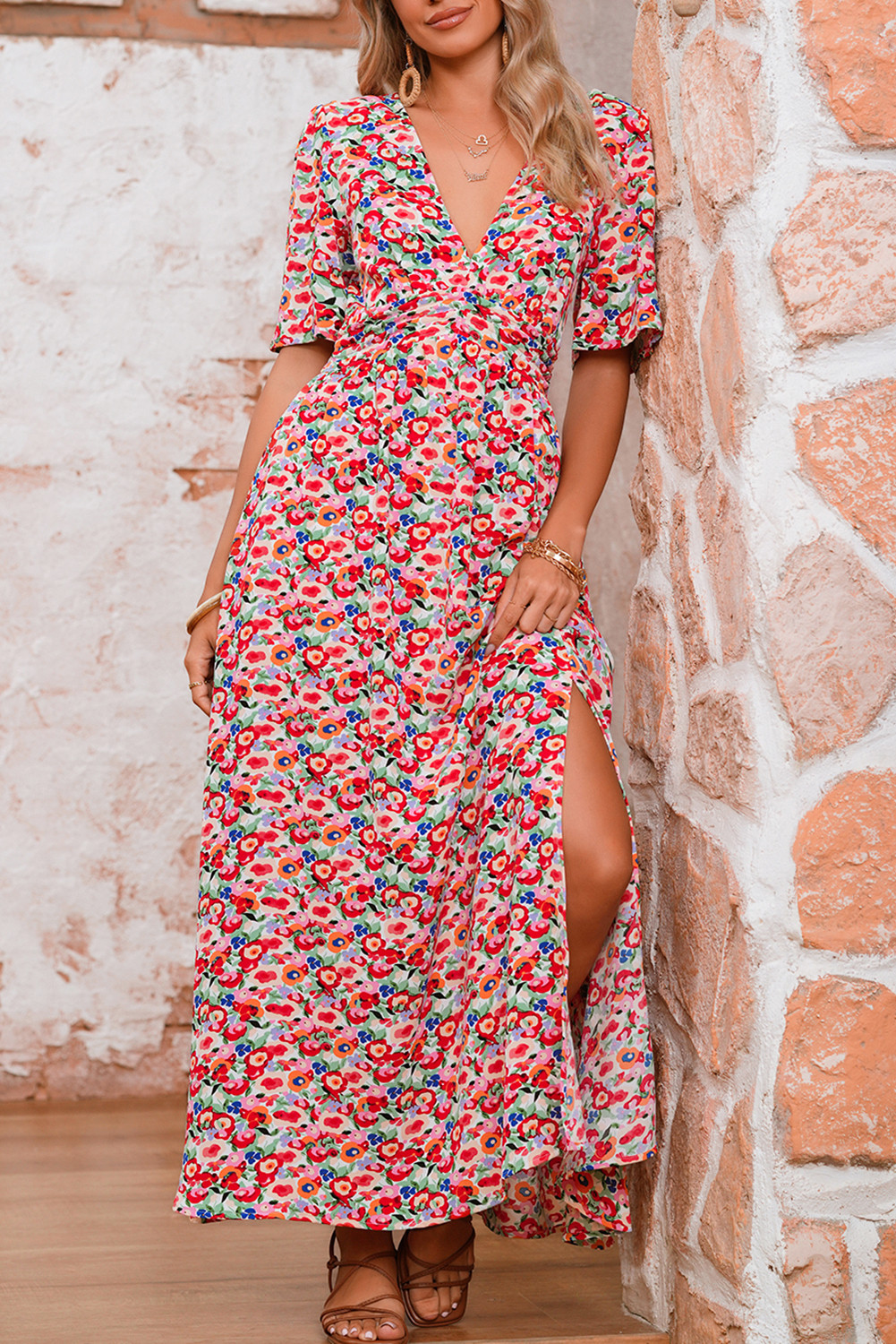 Red Floral Half Sleeve Deep V Neck Cutout Back Split Maxi Dress