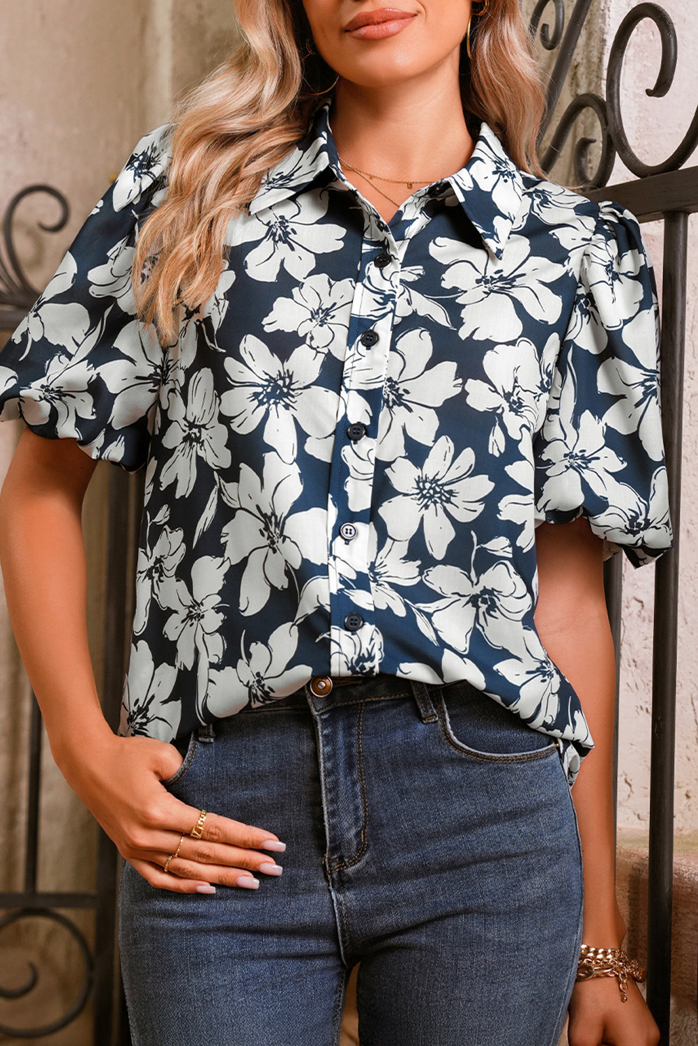 Blue Boho Floral Print Puff Sleeve Shirt