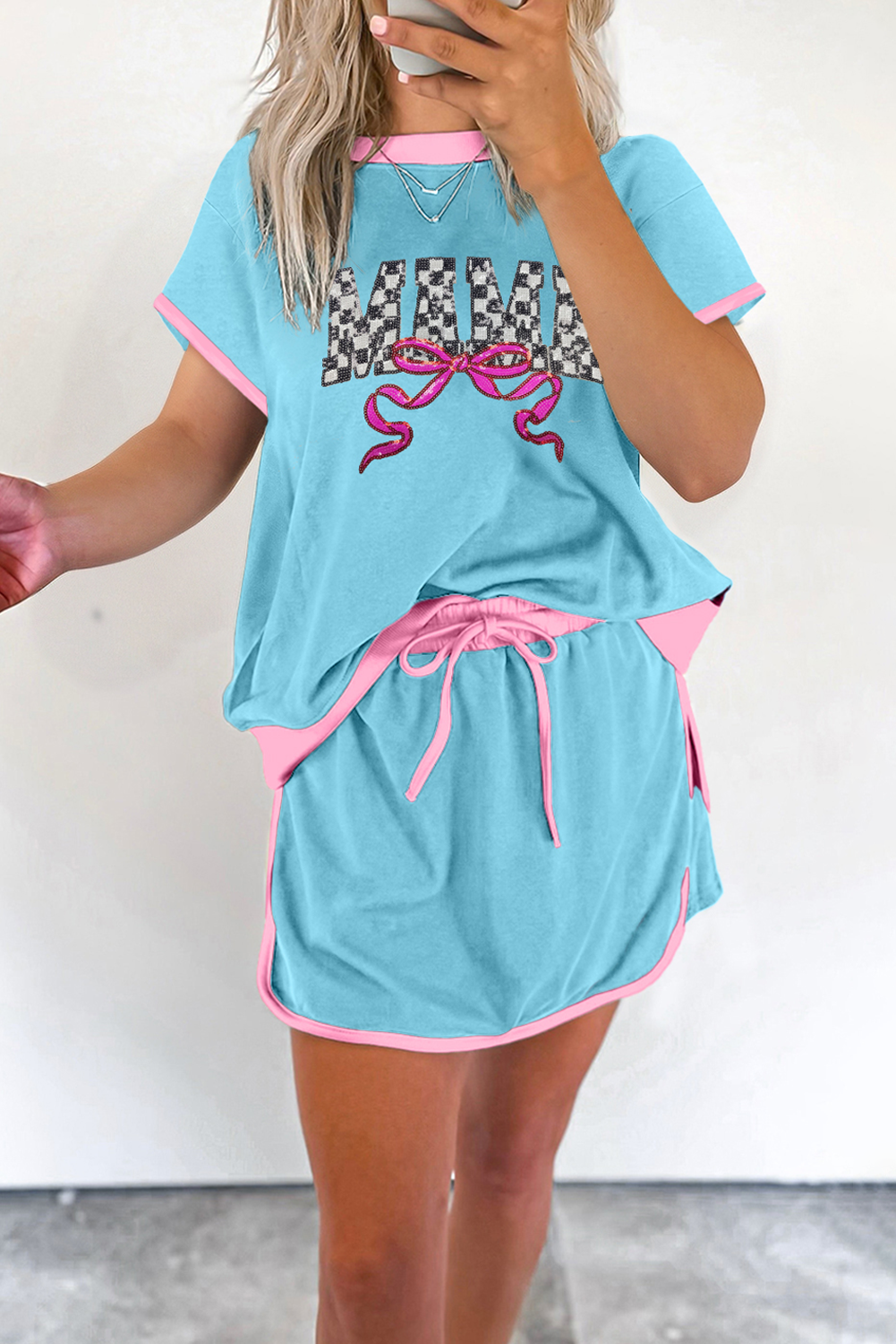Turquoise MAMA Bow Patched Graphic Contrast Trim Tee and Mini Skort Set