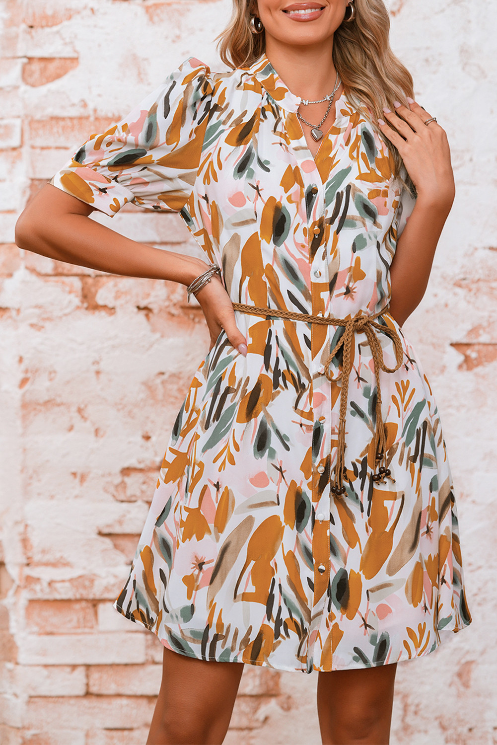 Brown Abstract Puff Sleeve Button Up Braided Belt Mini Dress