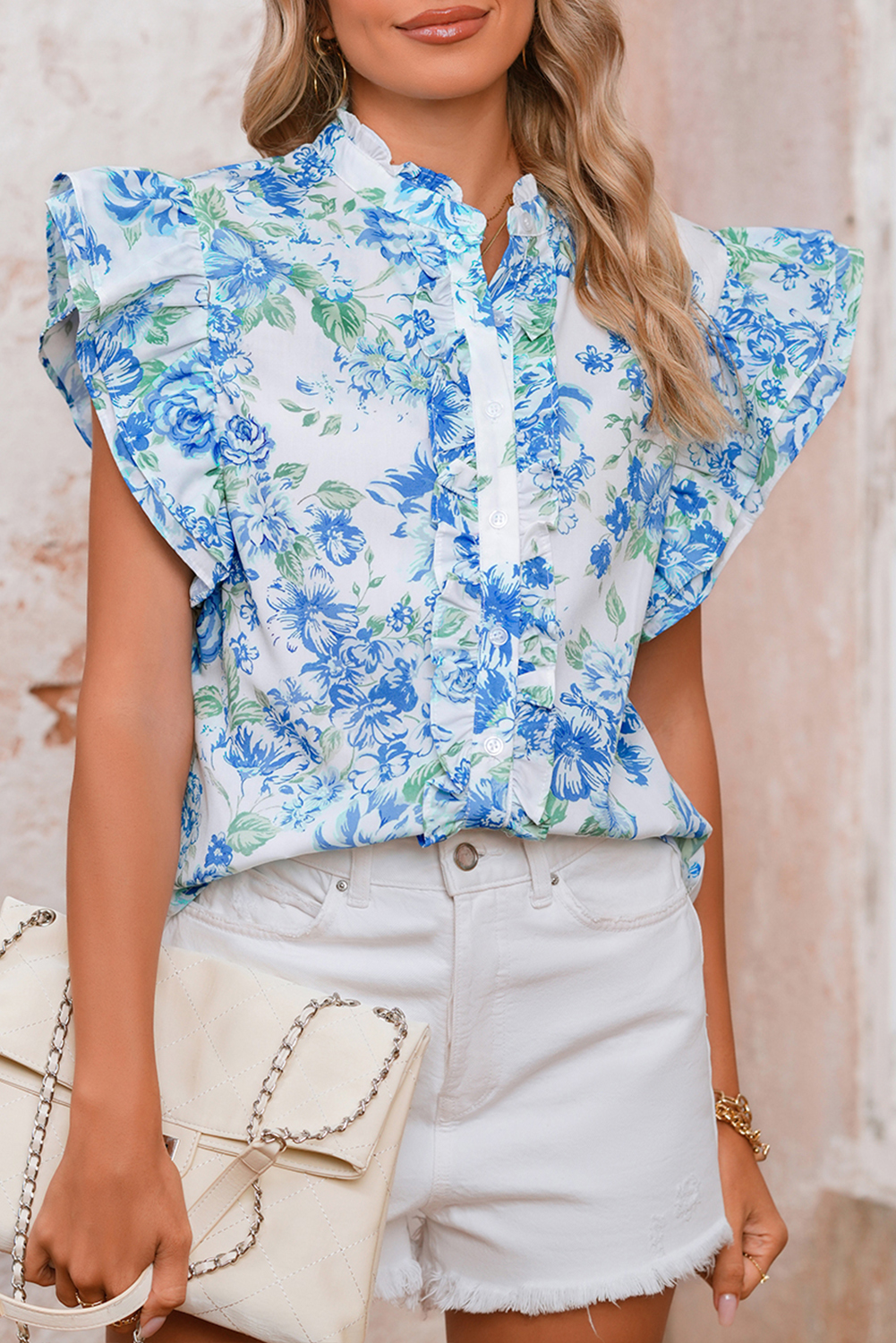 Shewin Wholesale CLOTHING Sky Blue Floral Print Ruffle Sleeve Frill Shirt