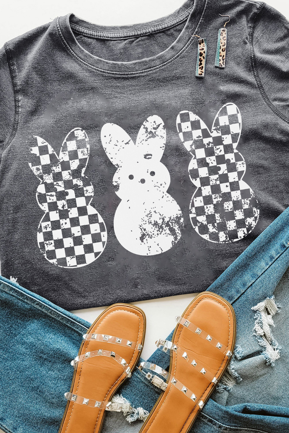Gray Checkered Bunny Doll Distressed Graphic Easter T Shirt