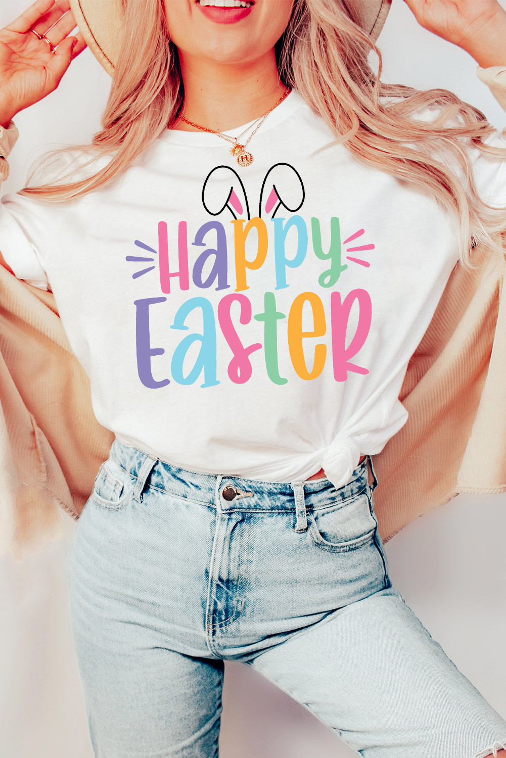 White Happy Easter Rabbit Ear Graphic T Shirt