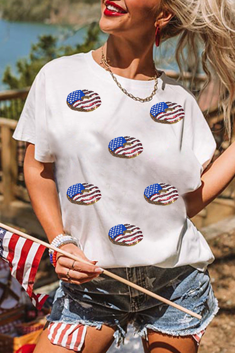 White Sequin Flag Pattern Donuts Graphic T Shirt