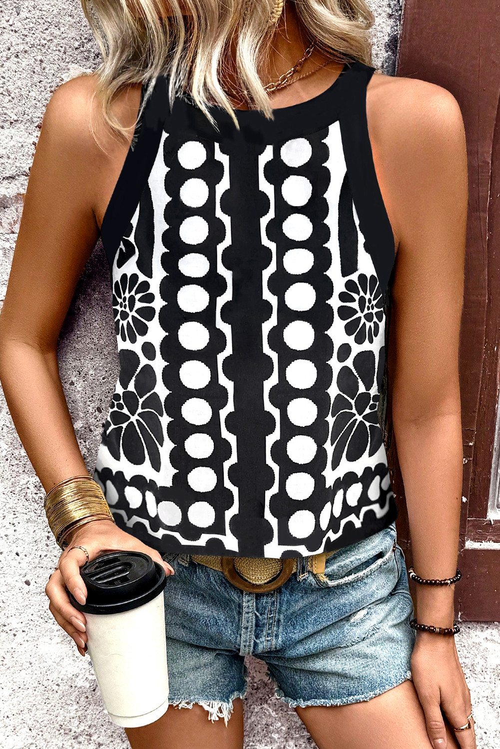 Black Geometric Print Sleeveless Top