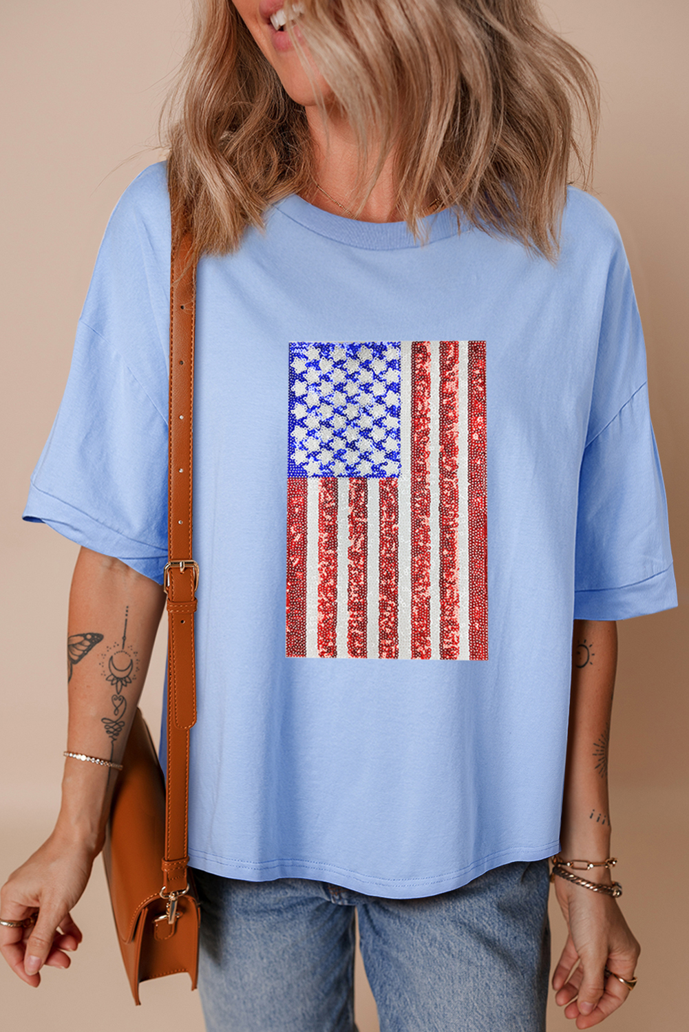 Myosotis Sequin American Flag Drop Shoulder T Shirt