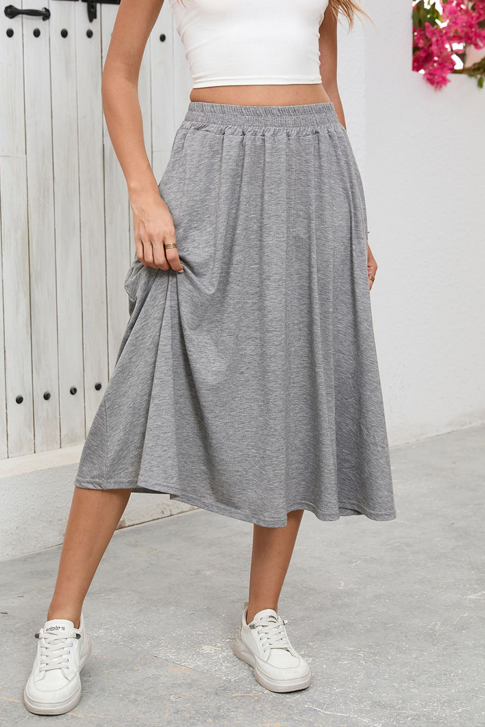 Gray High Waist Large Hem Draped Casual Midi Skirt