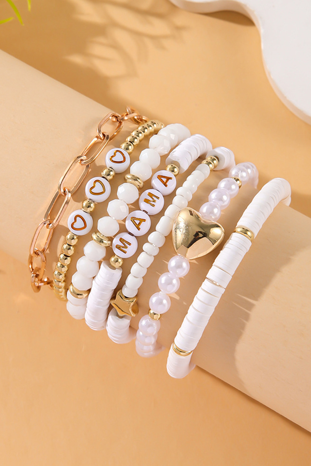 White MAMA Heart Pearl Beaded Chain Bracelet Set