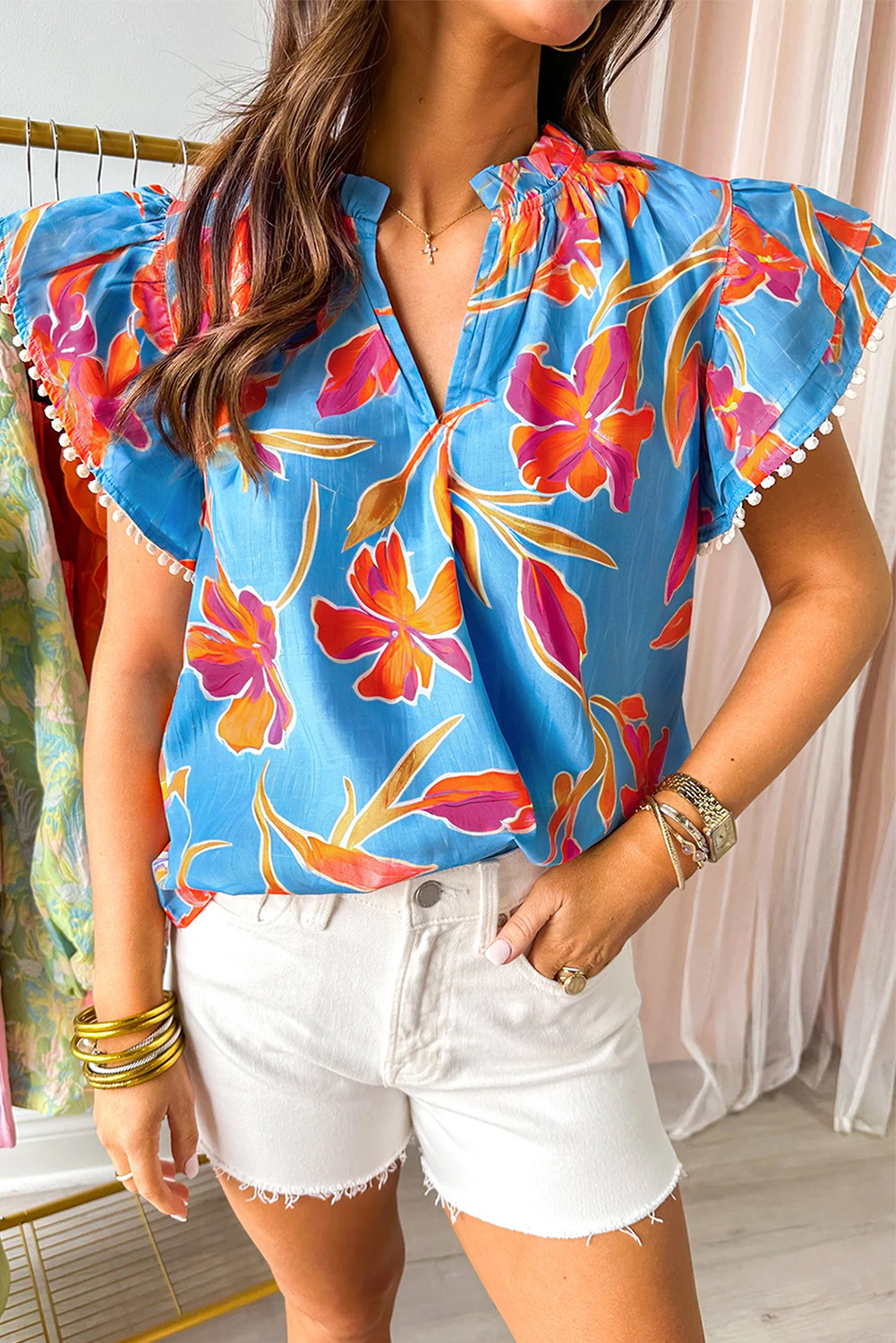 Sky Blue Floral Print V Neck Pom Trim Short Sleeve Blouse