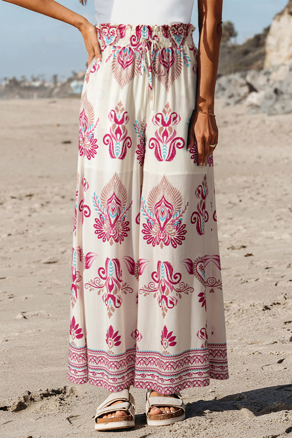 Rose Boho Abstract Print Shirred High Waist Flowy Wide Leg Pants