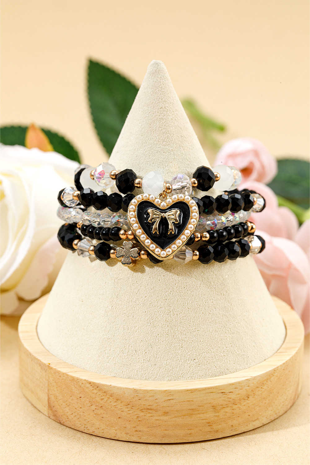 Black Bow Heart Pendant Beaded Bracelet Set