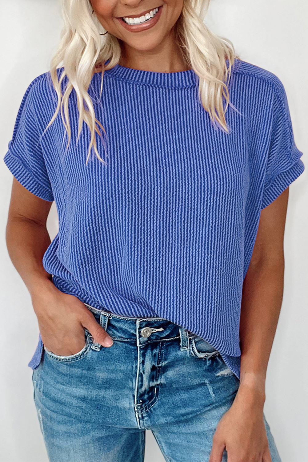 Dark Blue Crinkle Rib Textured Round Neck T Shirt