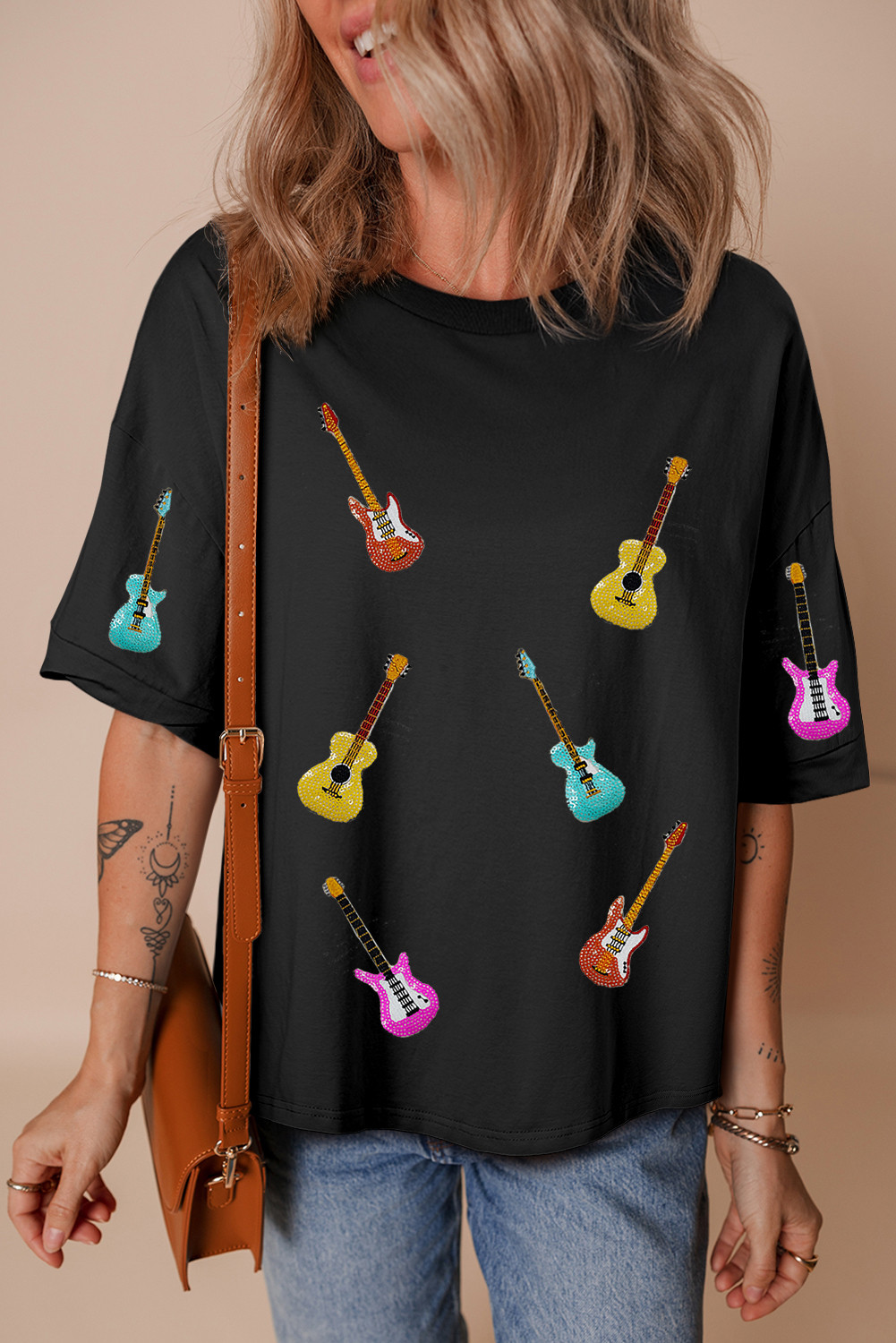Black Guitar Patched Graphic Crew Neck Tee