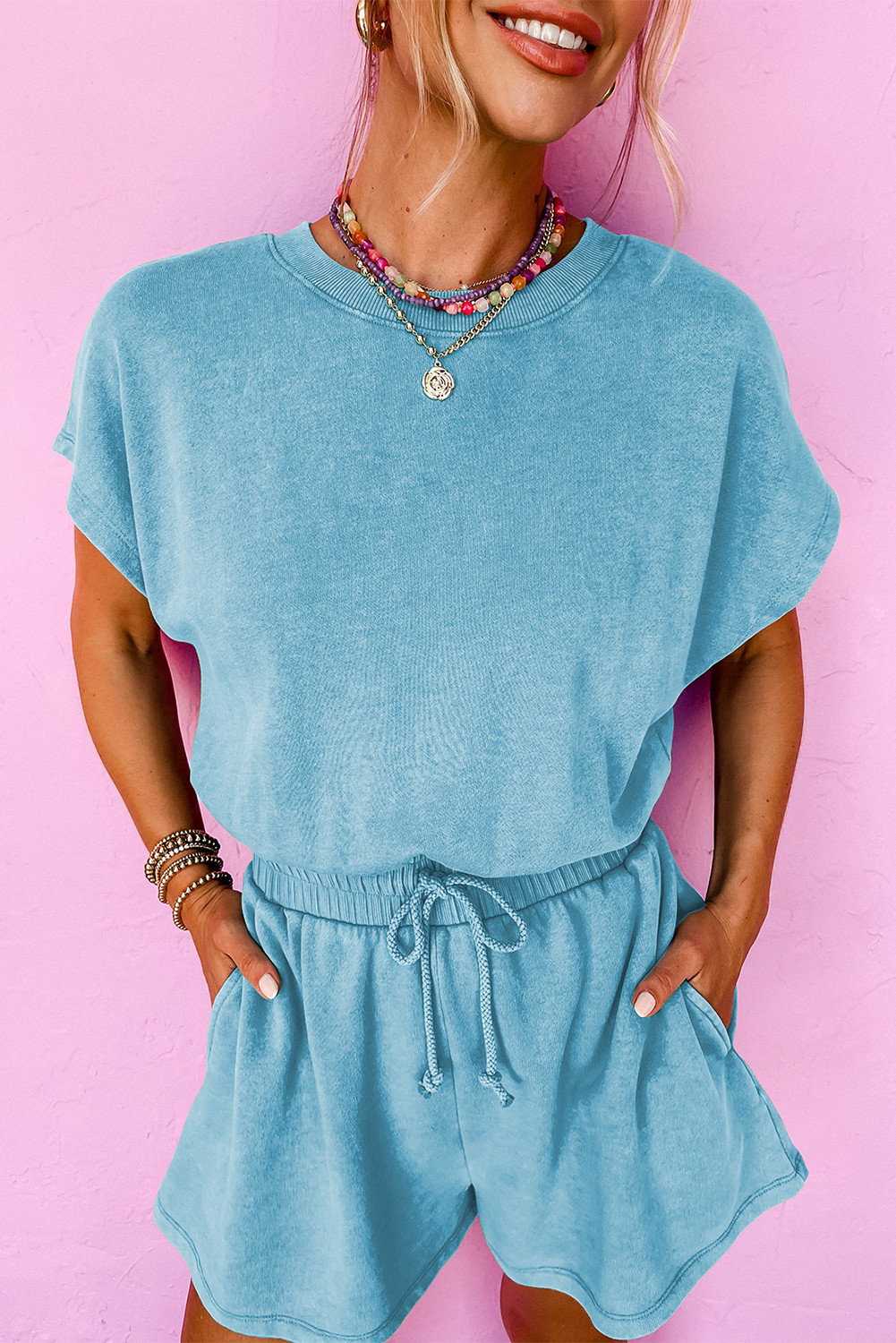 Mist Blue Mineral Wash Drawstring Waist Backless Short Sleeve Romper