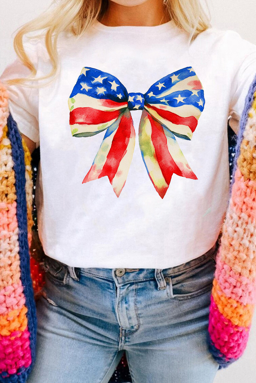 White Independence Day Bow Pattern T Shirt