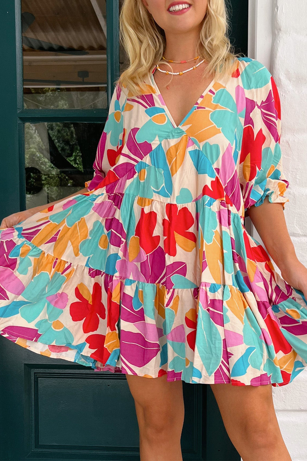 Rose Red Floral Half Sleeve V Neck Tiered Ruffle Babydoll Dress