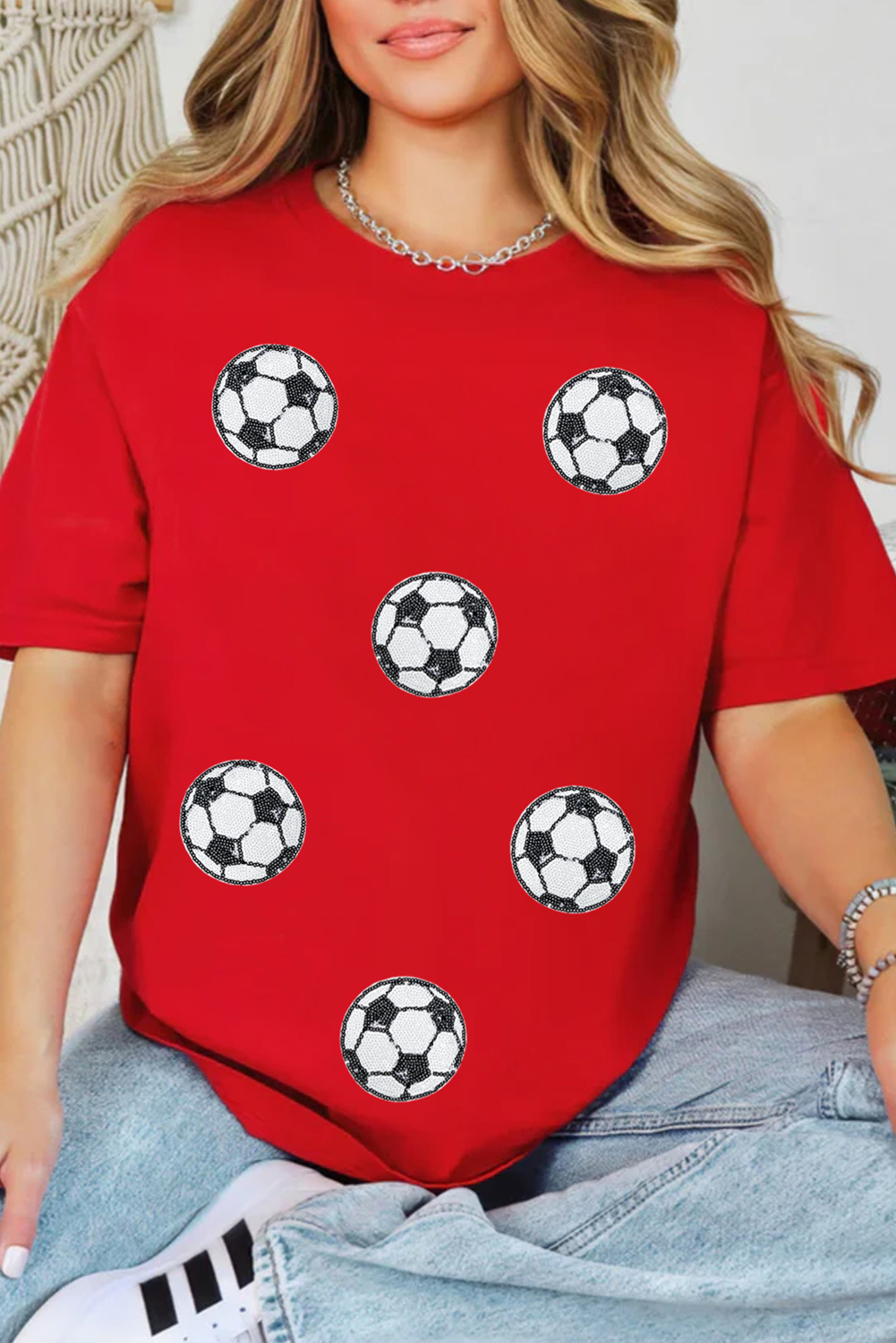 Red Sequin Football Patched Graphic Game Day T Shirt