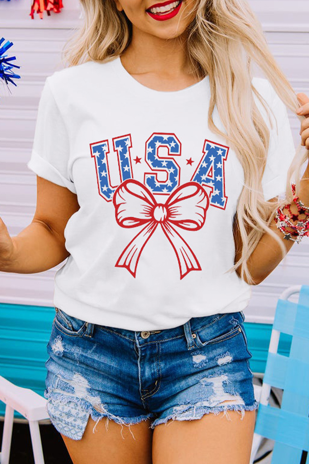 White USA Bow Letter Graphic Tee
