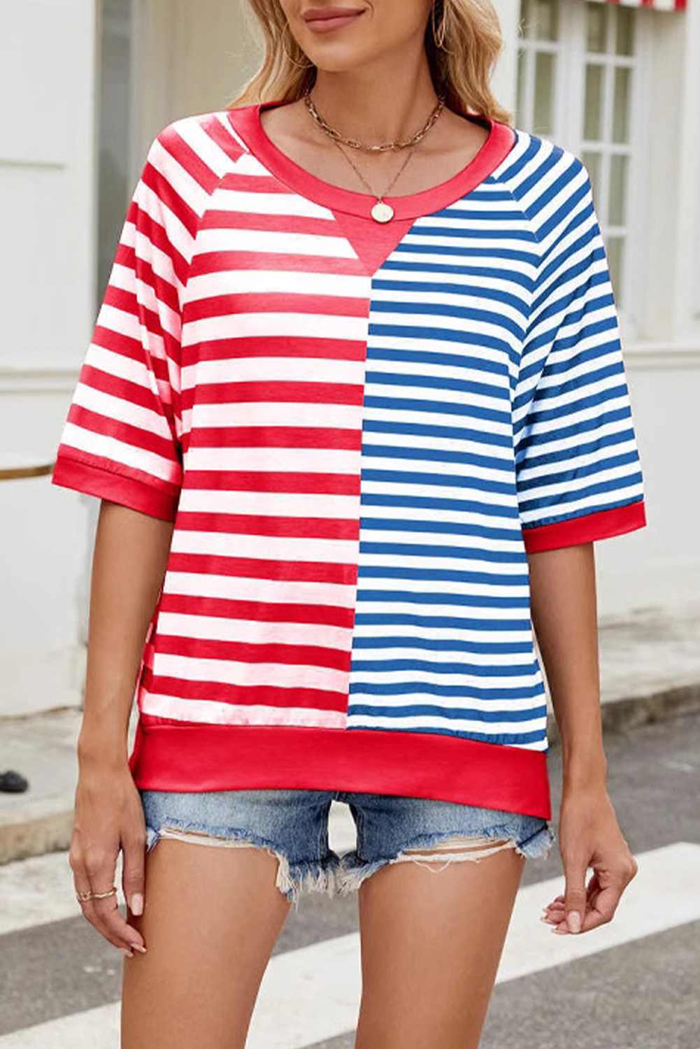 Red Stripe Patchwork Round Neck Half Sleeve T Shirt