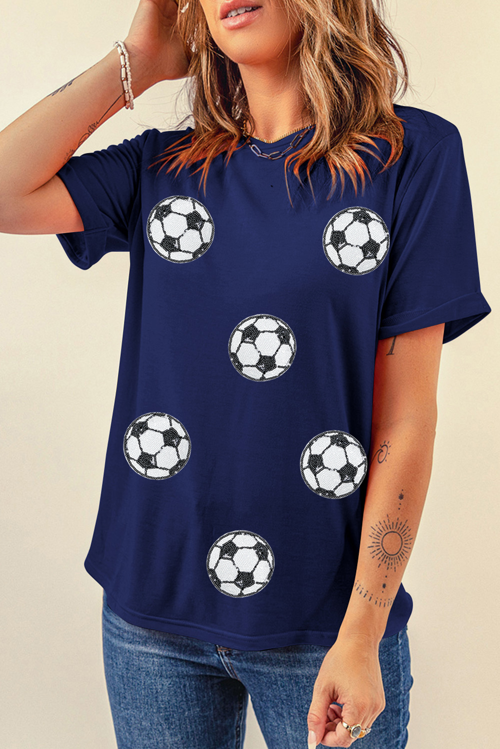 Blue Sequin Football Patched Graphic Game Day T Shirt