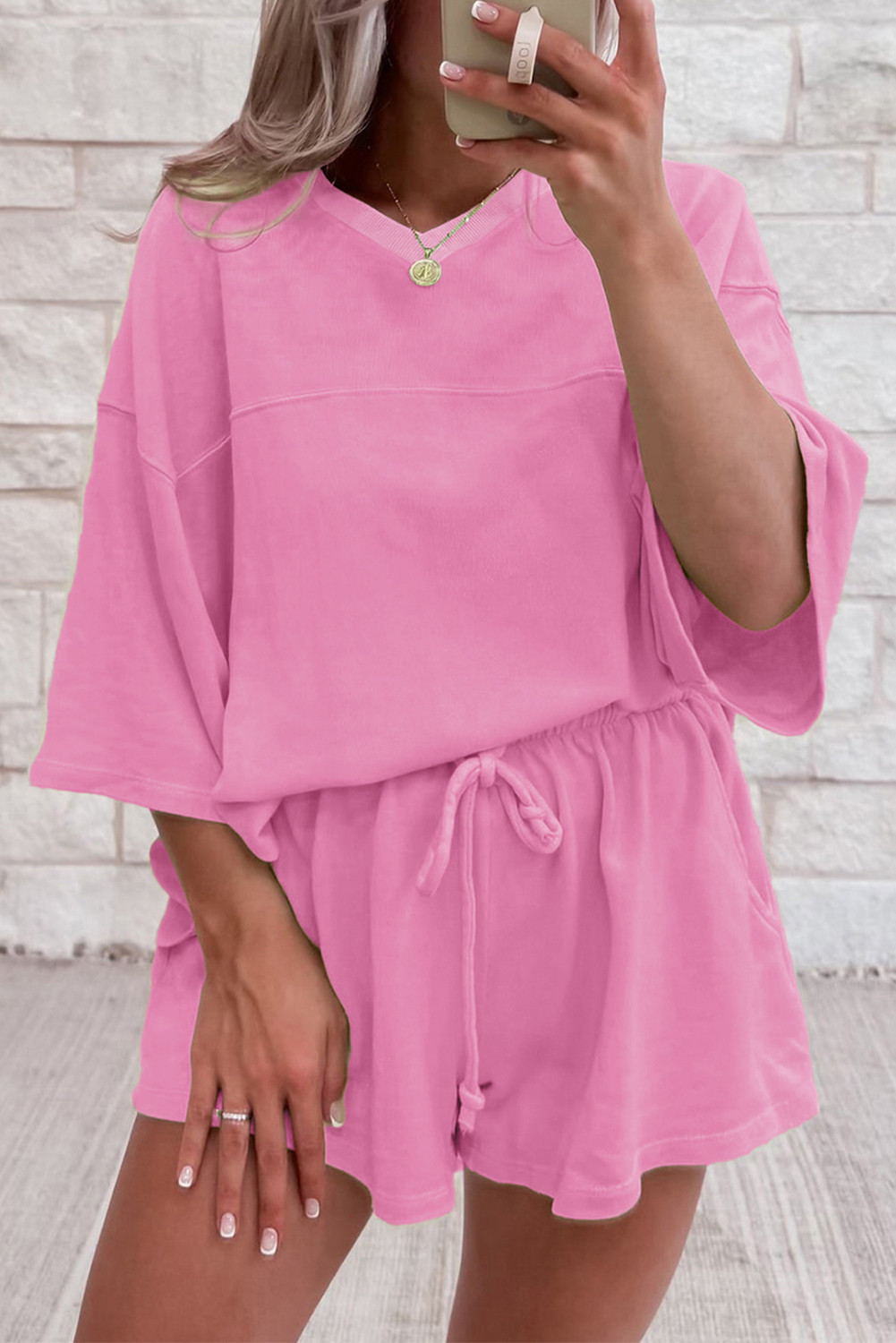 Bonbon Loose V Neck Tee and Drawstring Shorts Set