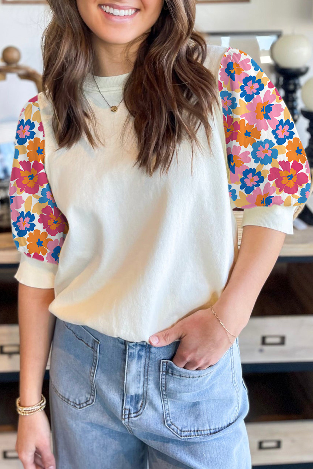 Beige Floral Puff Sleeve Patchwork Round Neck Top