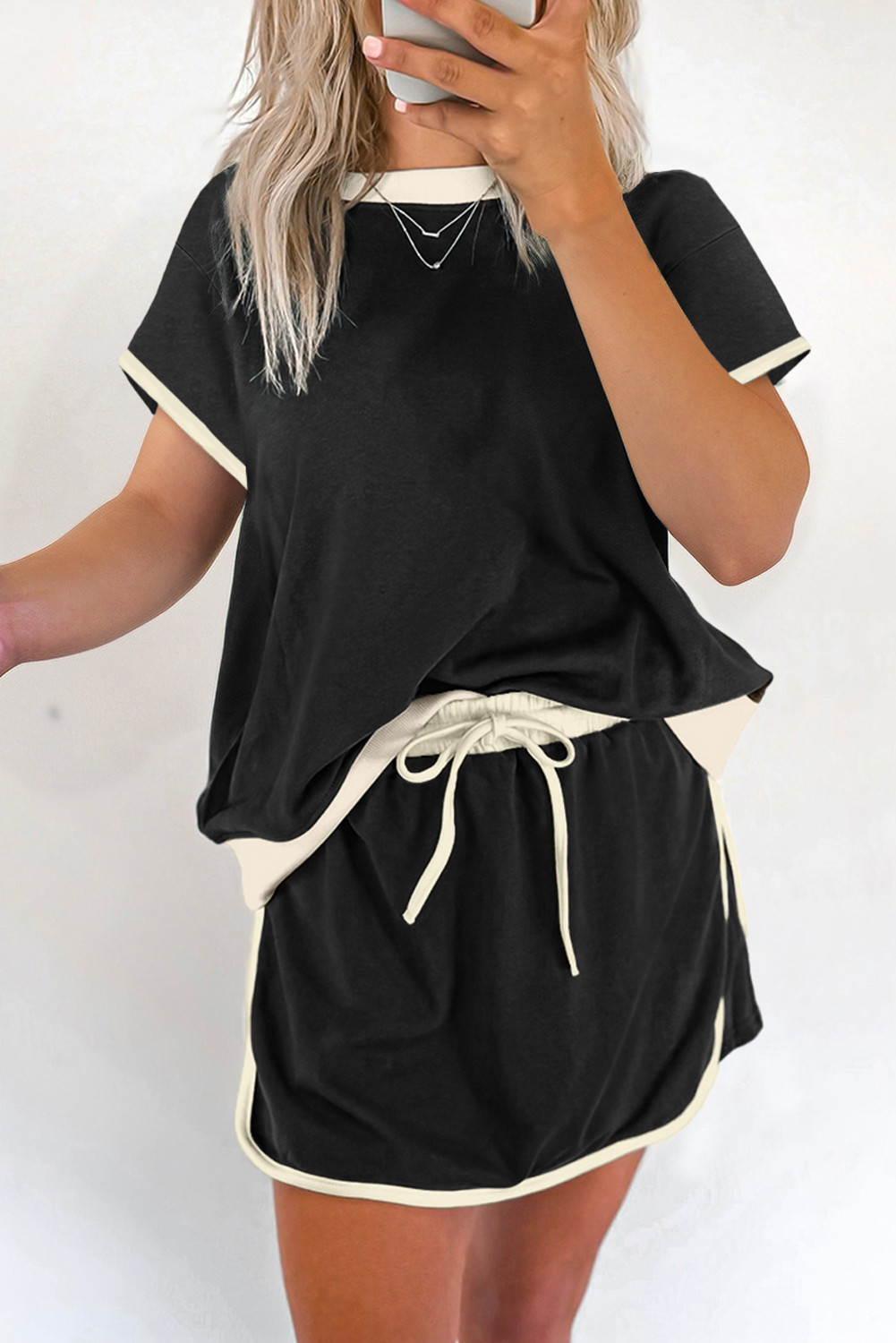 Black Colorblock Edge Drop Shoulder T Shirt and Skort Set