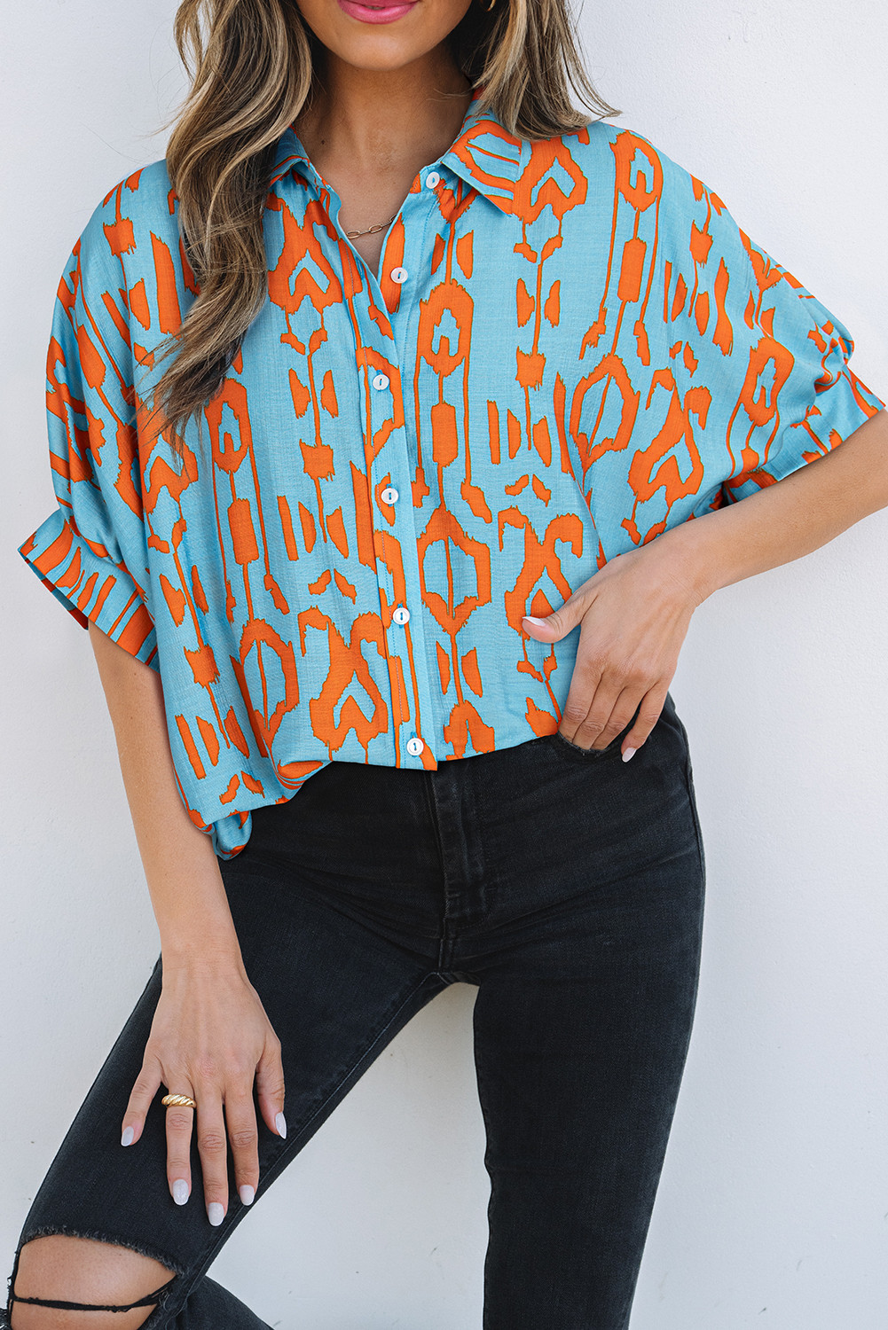 Sky Blue Abstract Print Short Sleeve Button Up Loose Shirt