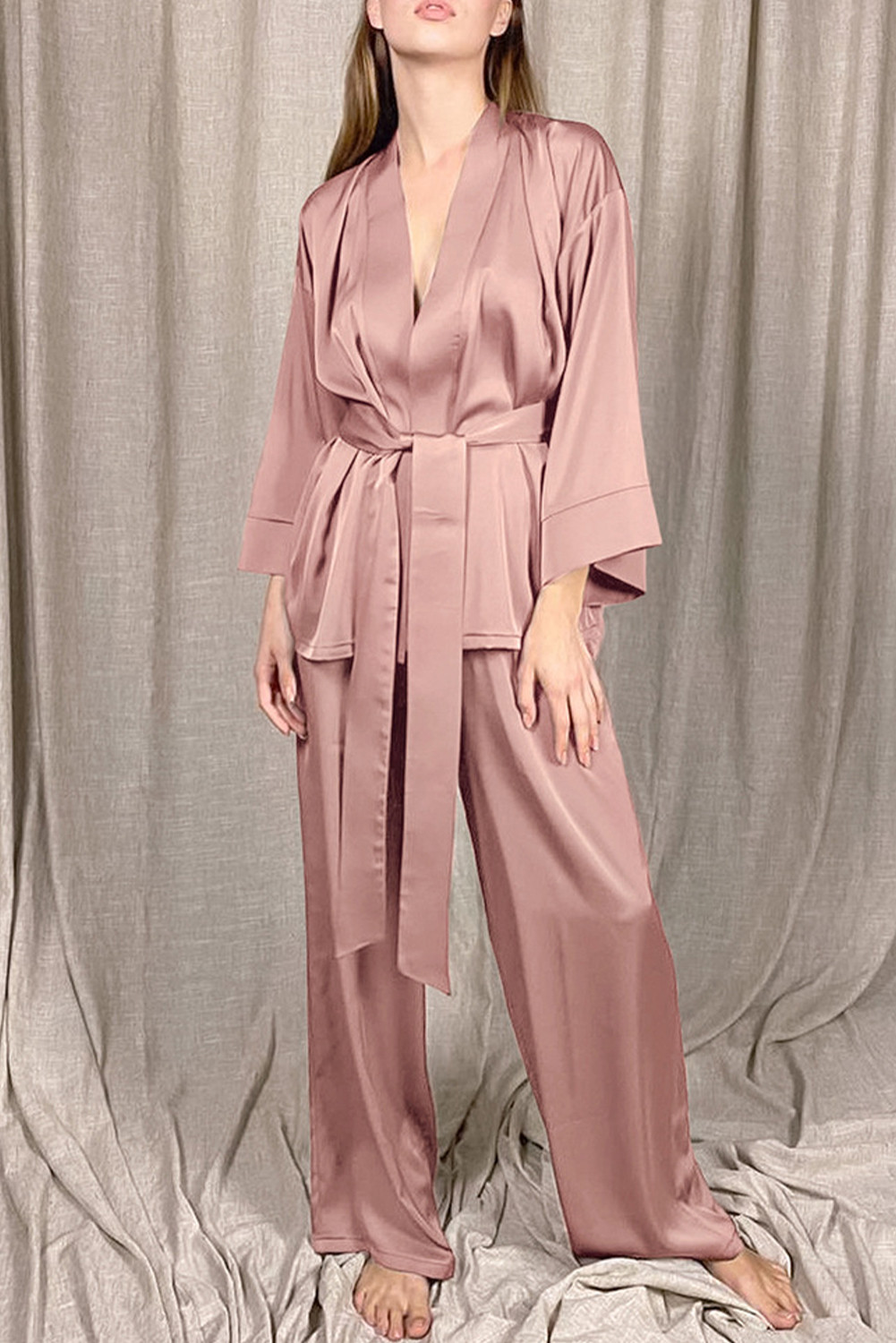 Gossamer Pink Long Sleeve Belted Cardigan and Pants Pajama Set