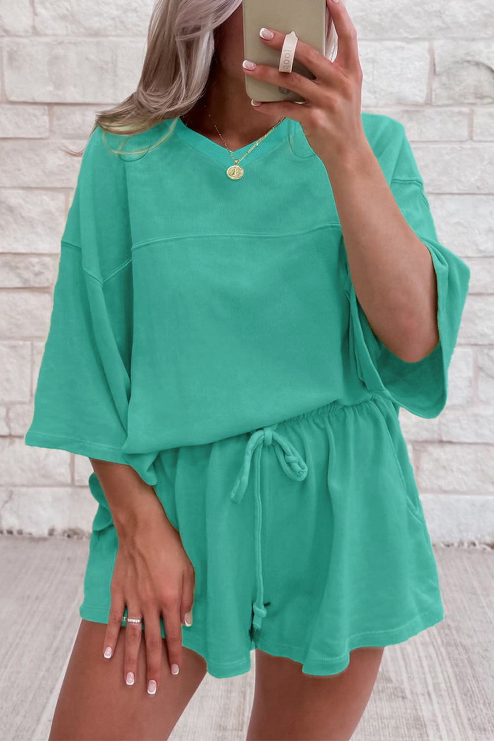 Sea Green Loose V Neck Tee and Drawstring Shorts Set
