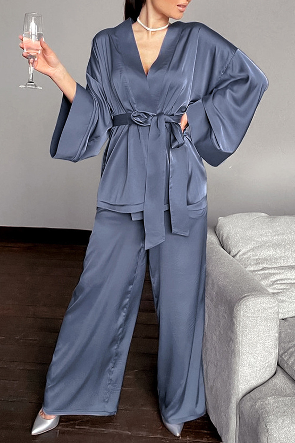 Ivy Long Sleeve Belted Cardigan and Pants Pajama Set