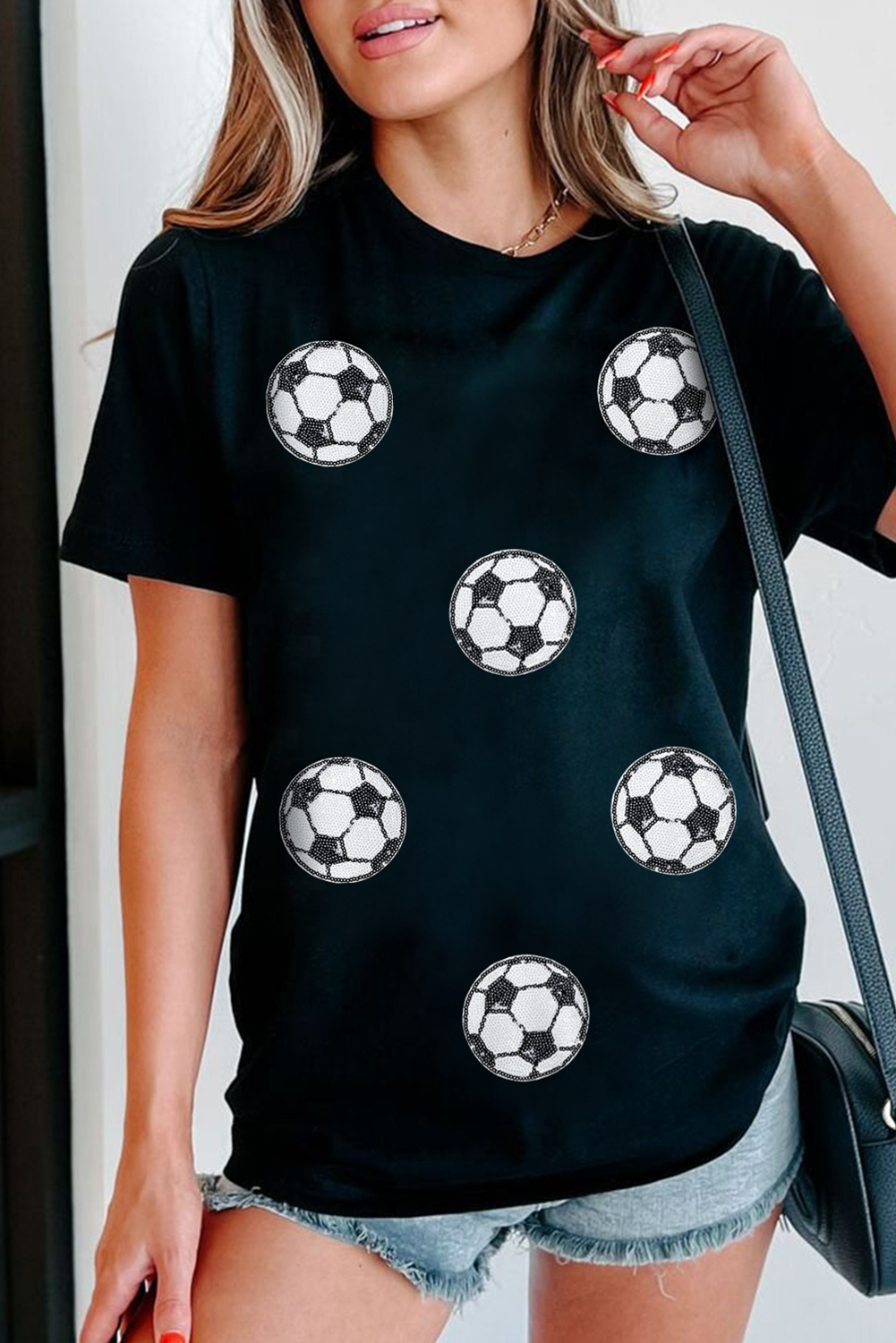 Black Sequin Football Patched Graphic Game Day T Shirt