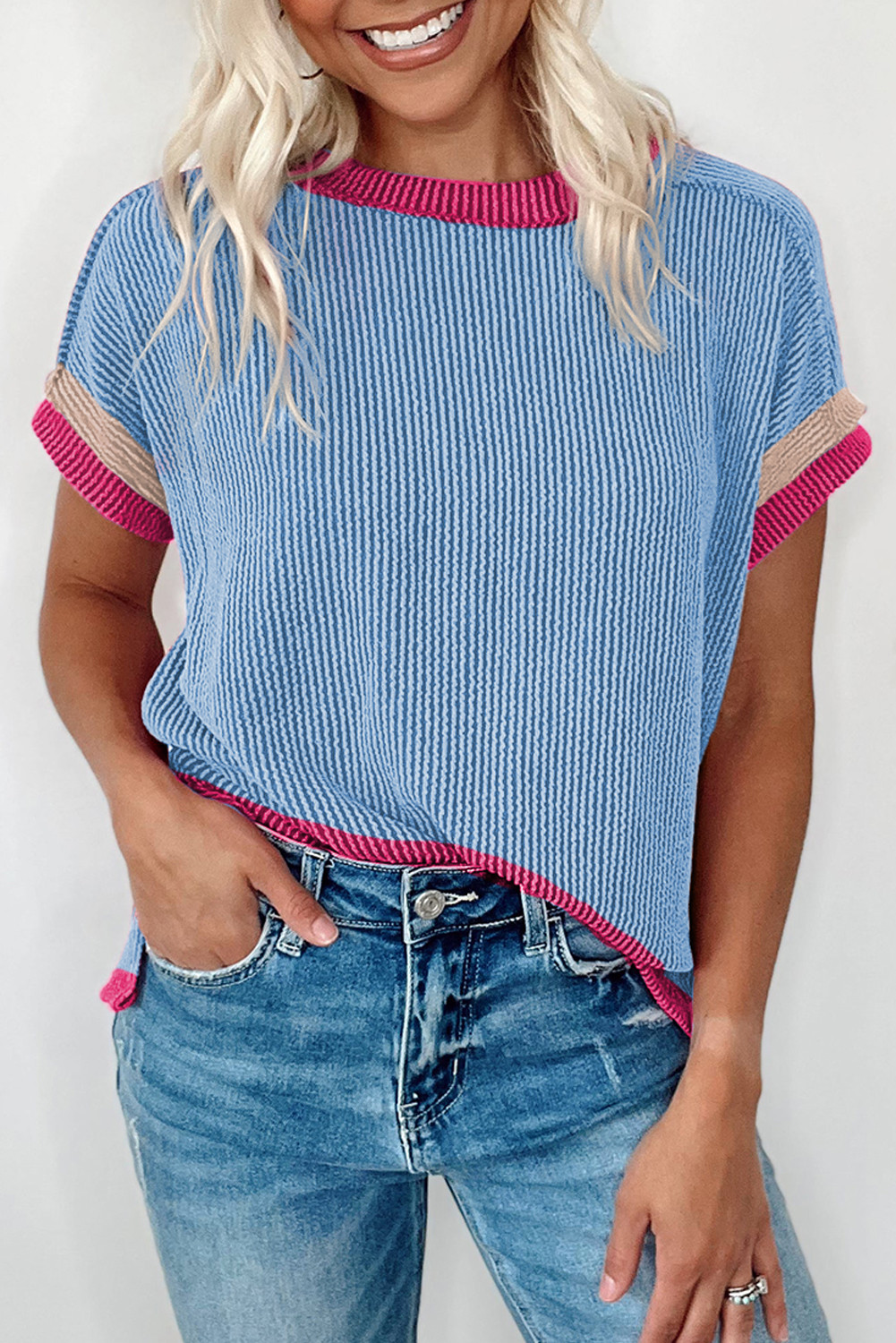 Sky Blue Textured Colorblock Round Neck T Shirt