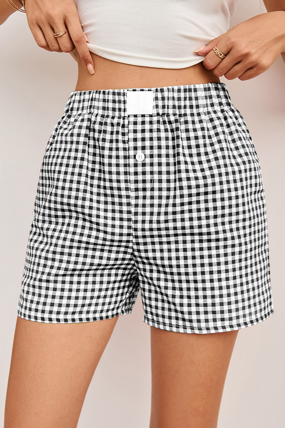 Shewin Wholesale New arrival Black VINTAGE Plaid Print High Waisted Loose Wide Leg Shorts