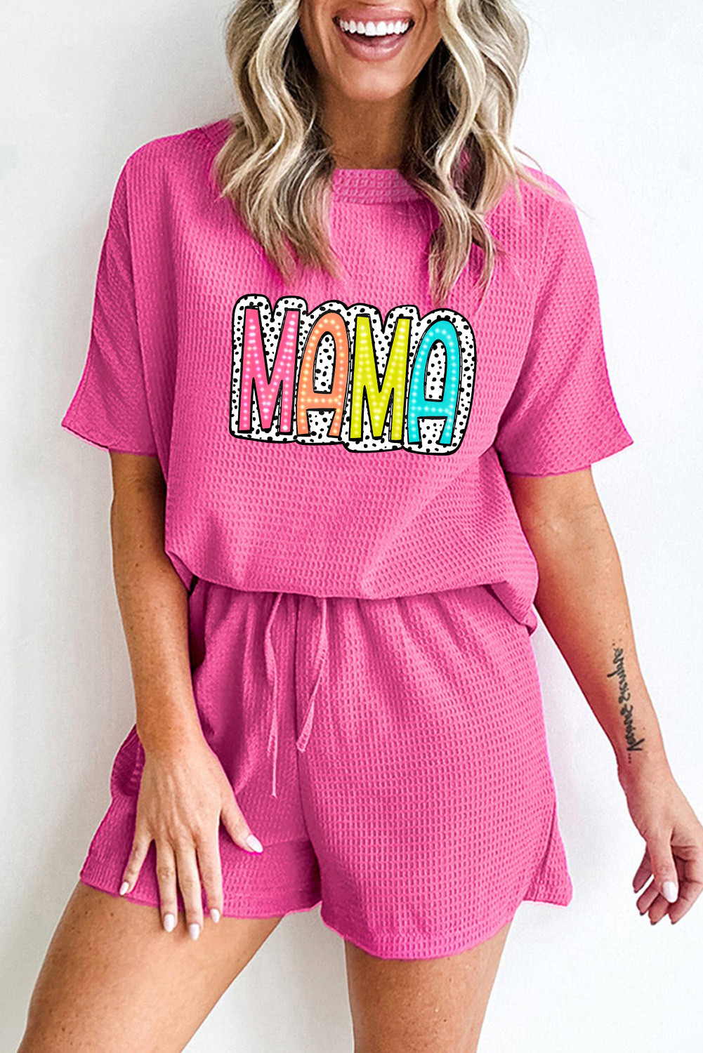Rose Red MAMA Cheetah Frame Graphic Waffle Knit Shorts Set