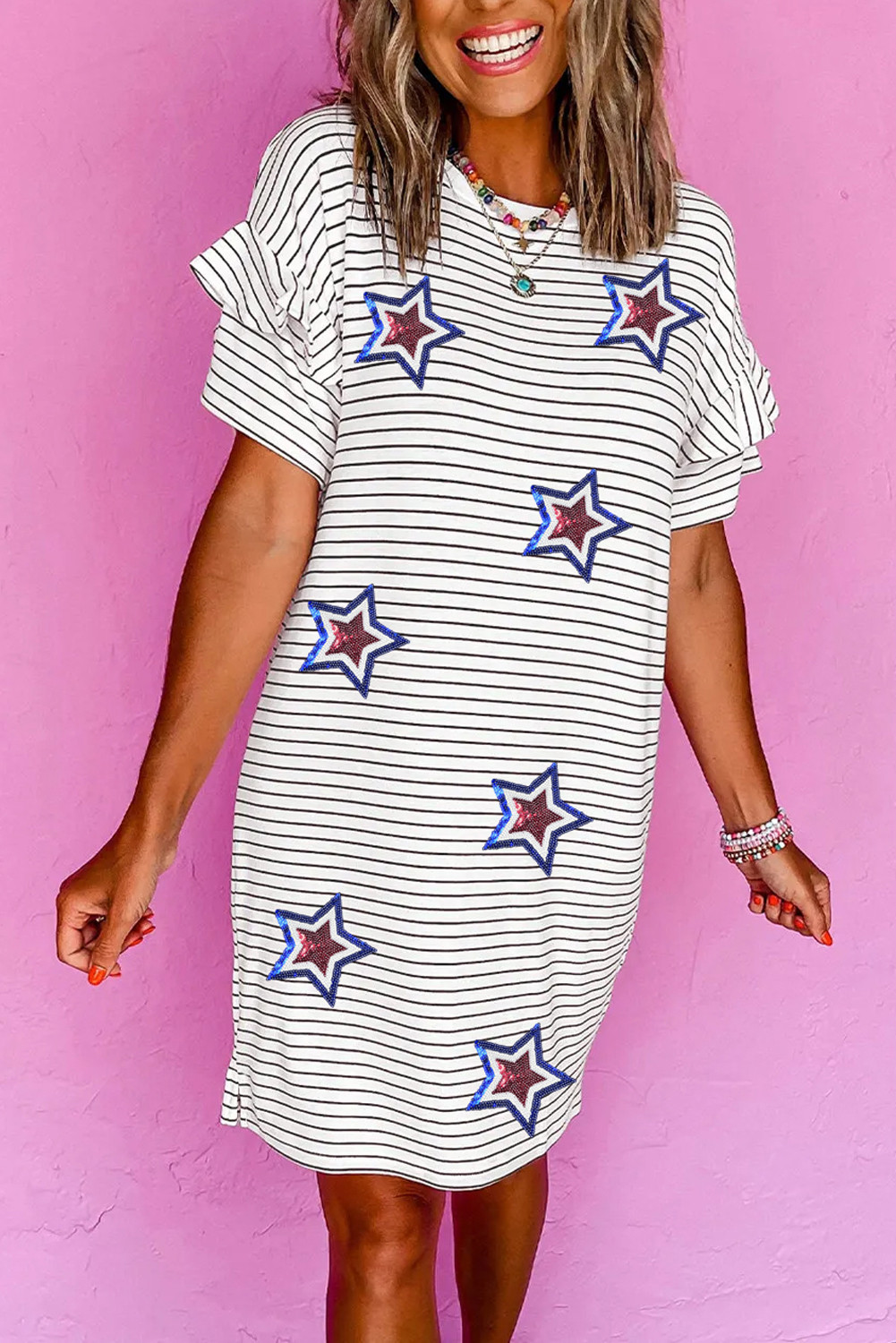 White Stripe Sequin USA Flag Star Graphic Ruffled Short Sleeve Mini Dress