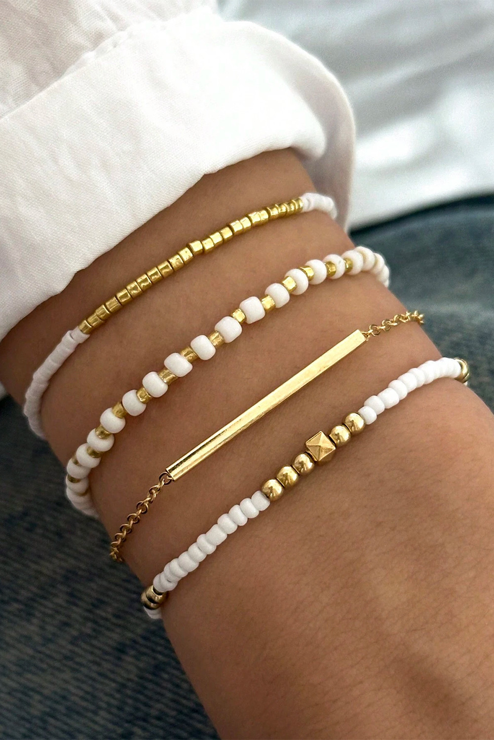 Gold Faux Pearl Beaded Tube Minimalist Bracelet Set