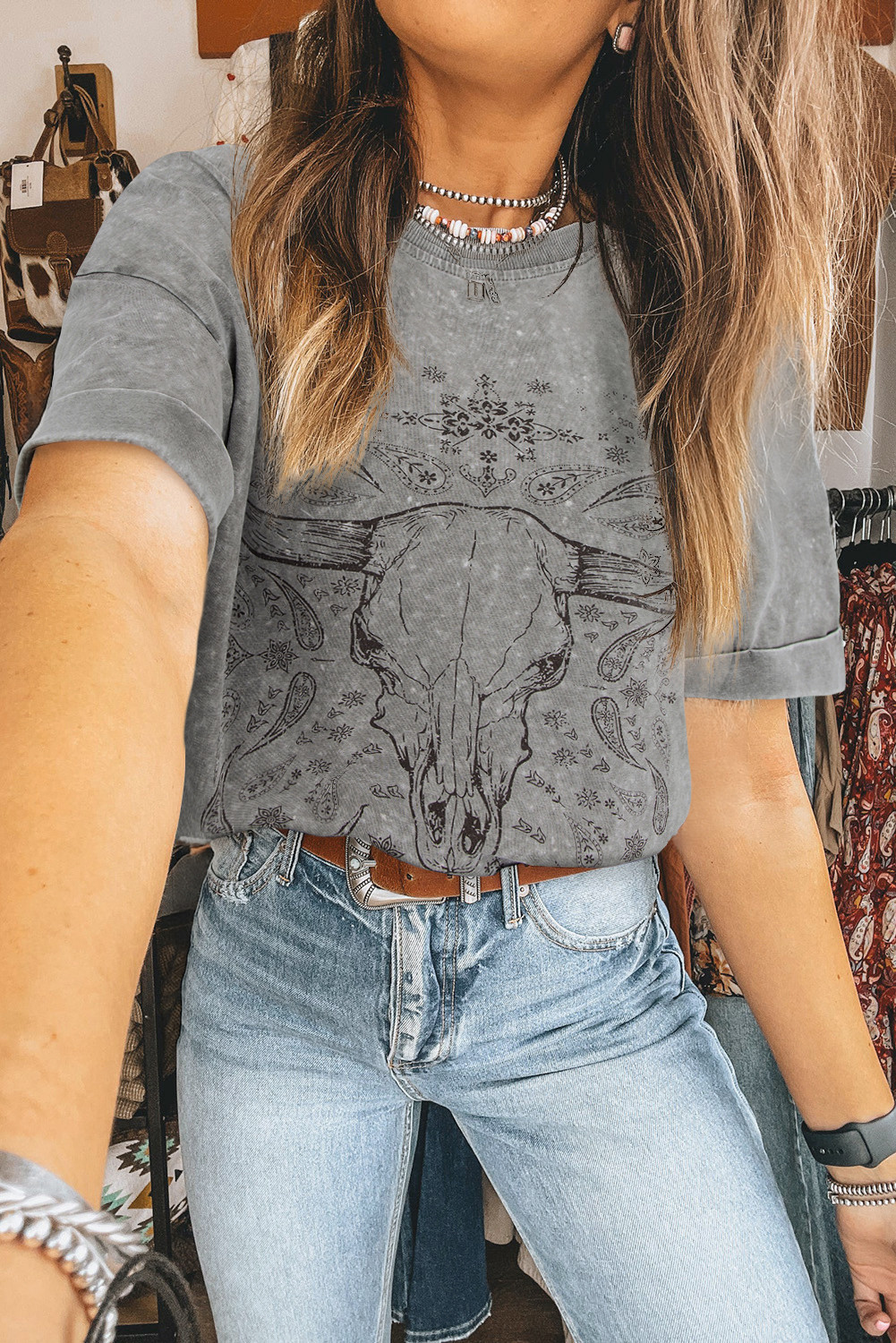 Light Grey Steer Head Print Crew Neck T Shirt