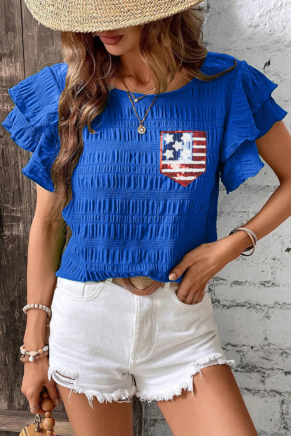 Dark Blue Textured Sequin Stars and Stripes Patched Ruffled Short Sleeve Blouse