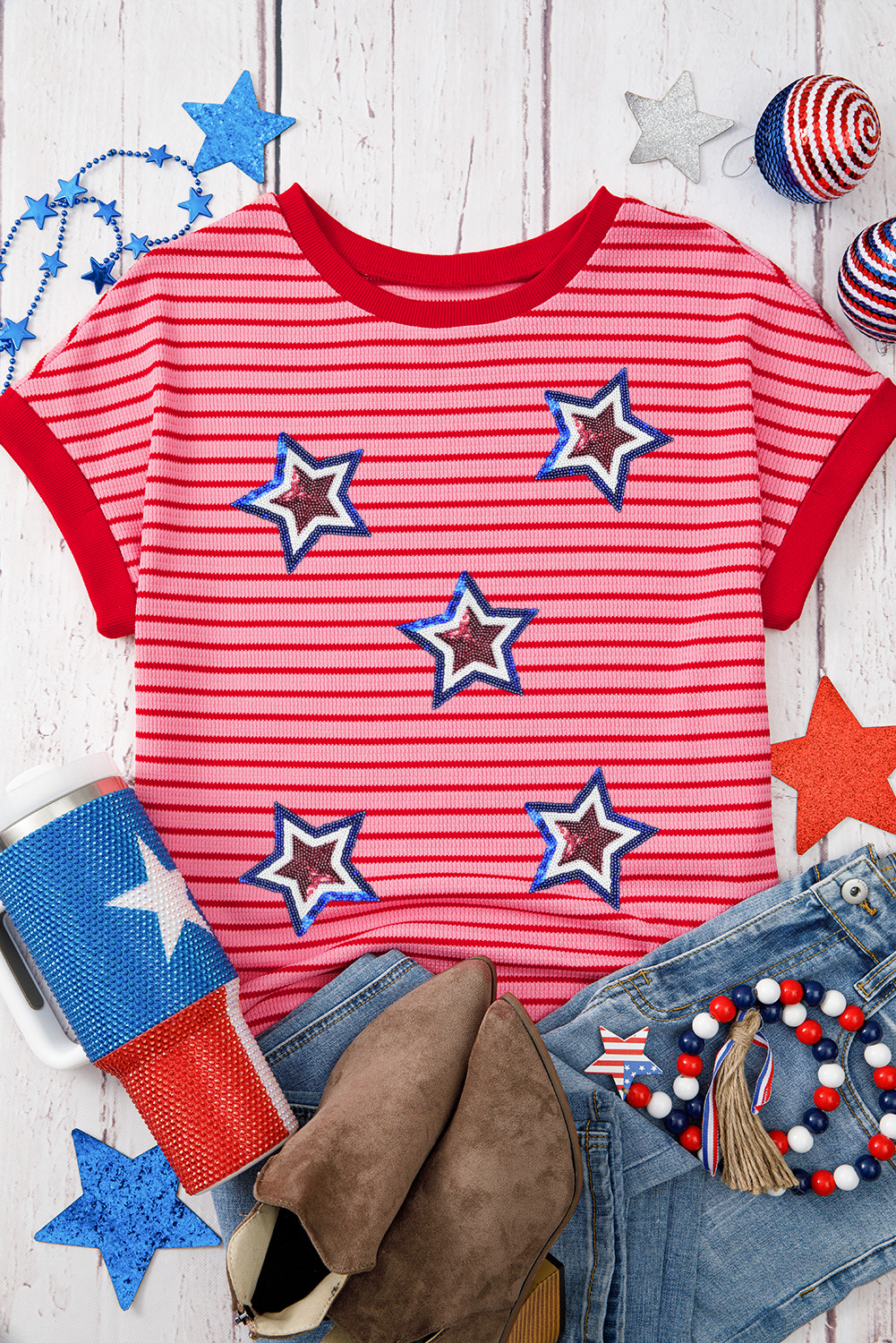 Pink Stripe Sequin Star Graphic Knitted Summer T Shirt