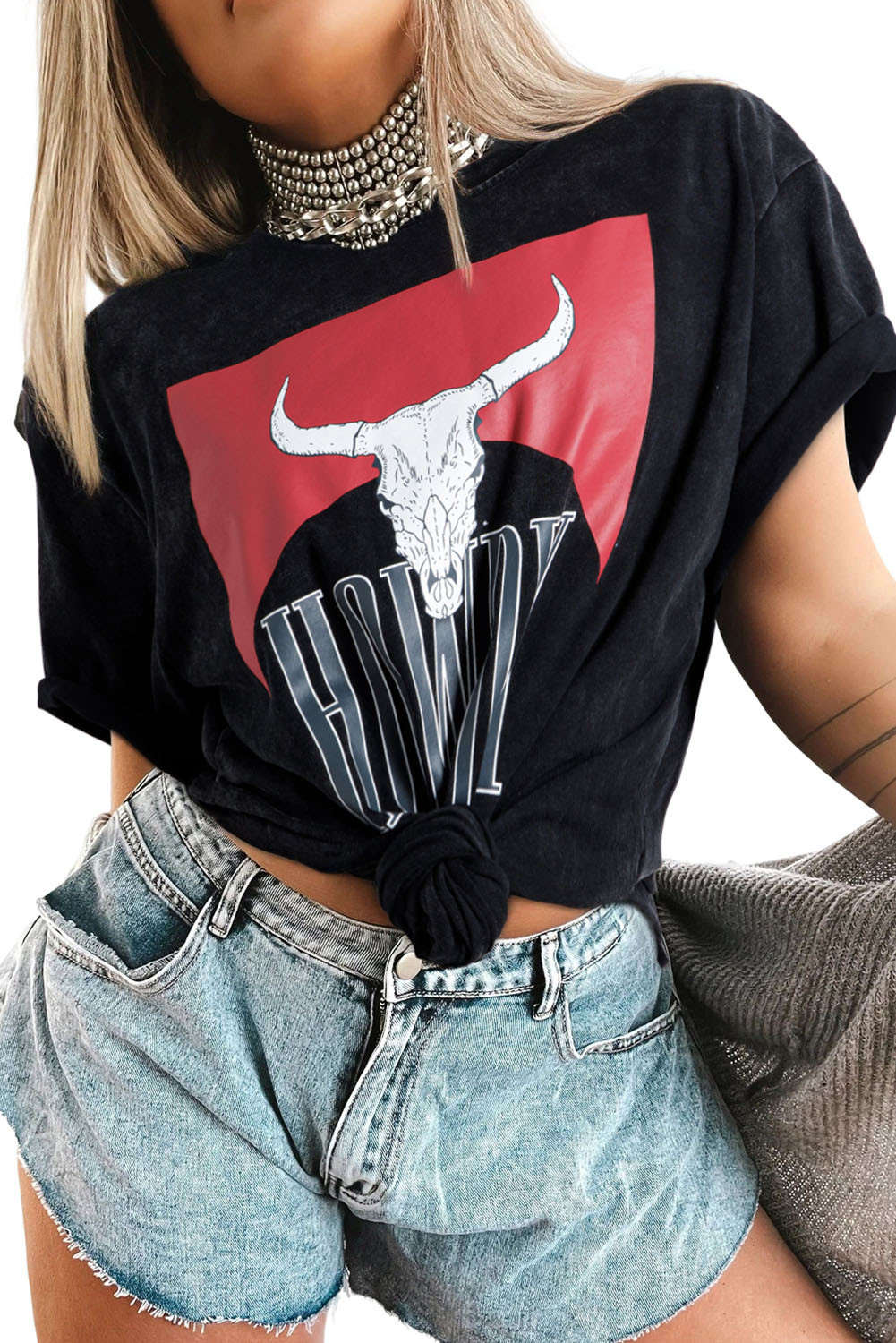 Black HOWDY Steer Head Print Side Slits Graphic T Shirt