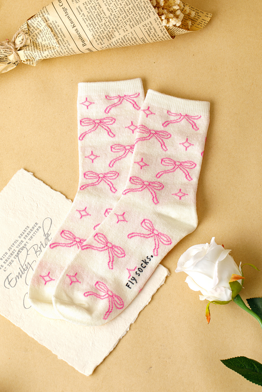 Pink Sweet Bowknot Print Mid Calf Socks