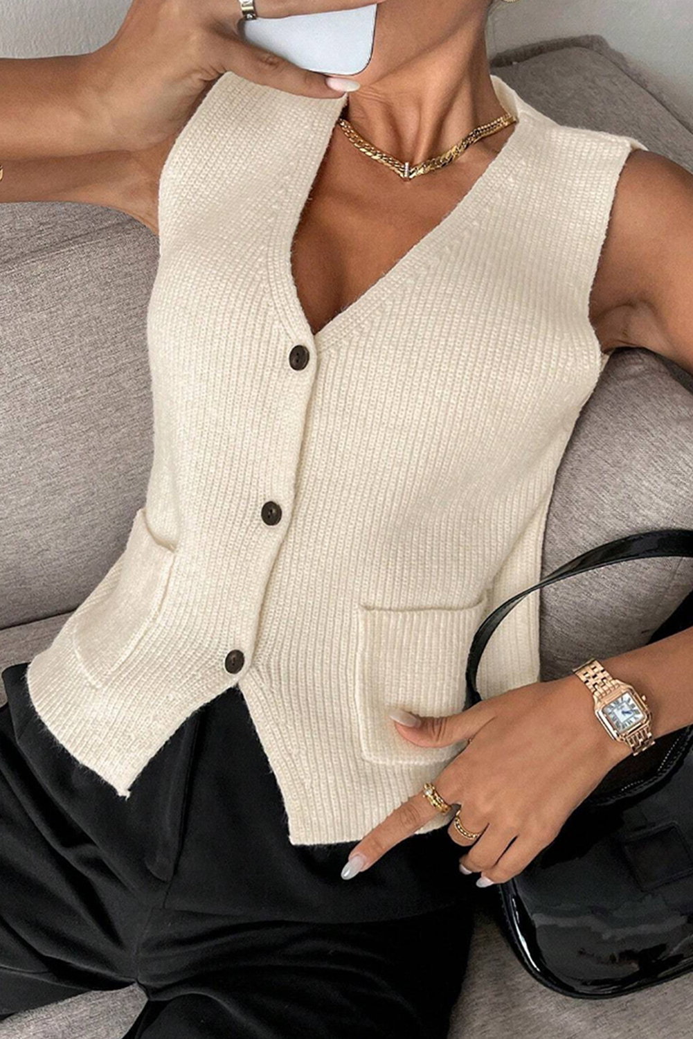 Beige V Neck Pocket Button Knit Sleeveless Top