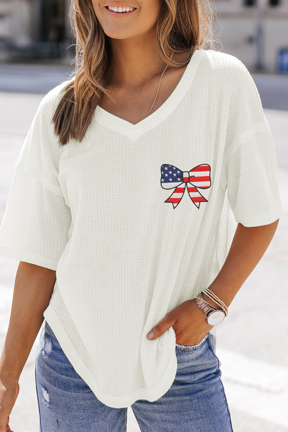 White Embroidered Stars Stripes Bowknot Textured Knit T Shirt