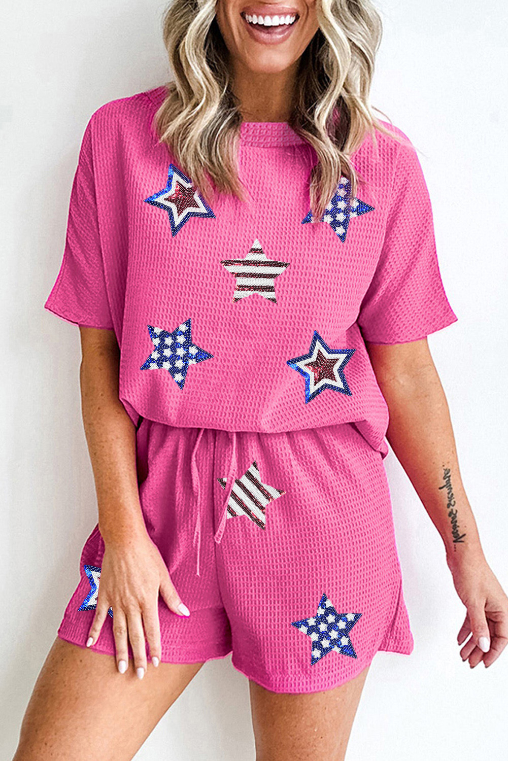 Rose Red Waffle Sequin American Flag Star Graphic Shorts Set
