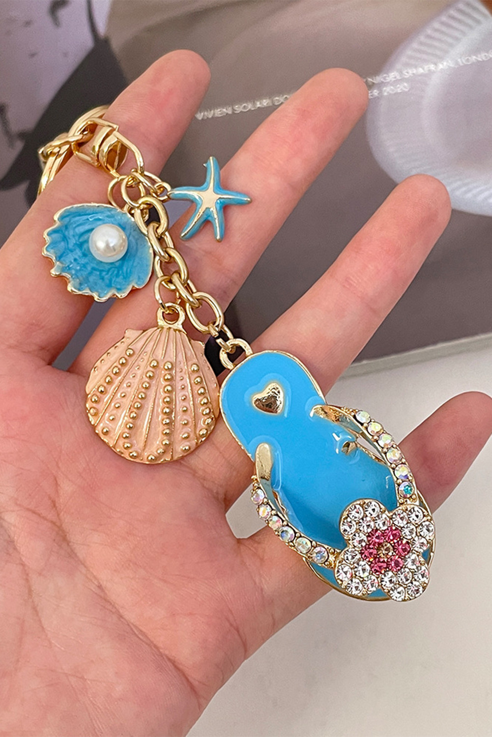 Light Blue Rhinestone Pearl Decor Slipper Shell Starfish Alloy Keychain