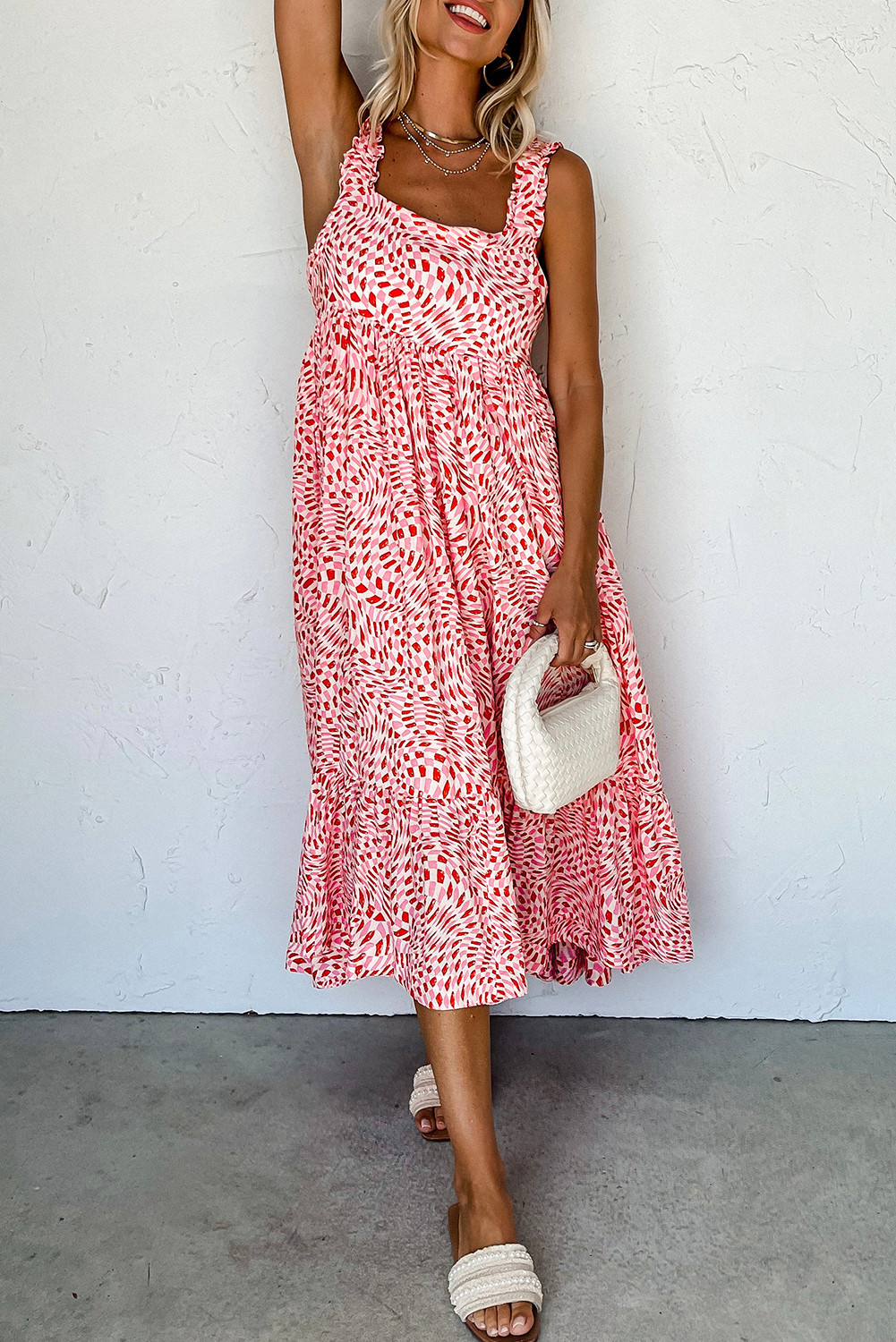 Pink Geometric Print Knot Back Sleeveless Ruffle Hem Dress