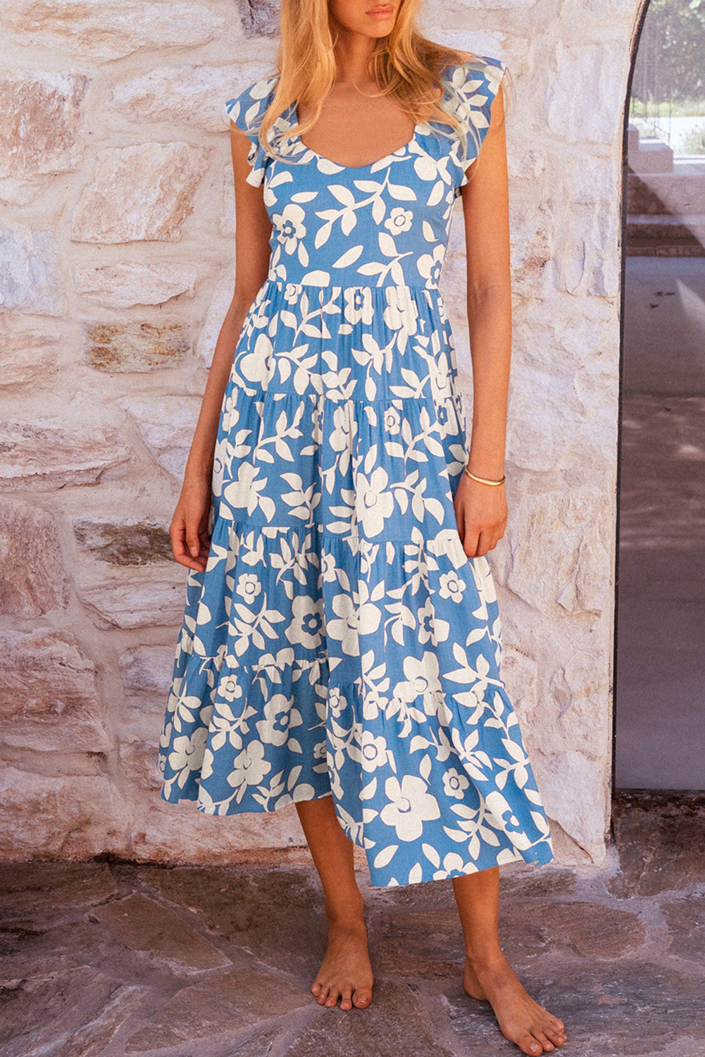 Sky Blue Floral U Neck Sleeveless Tiered Flowy Midi Dress