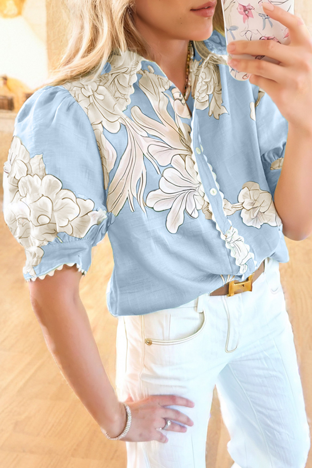 Sky Blue Floral Print Ric Rac Trim Puff Sleeve Button Up Shirt